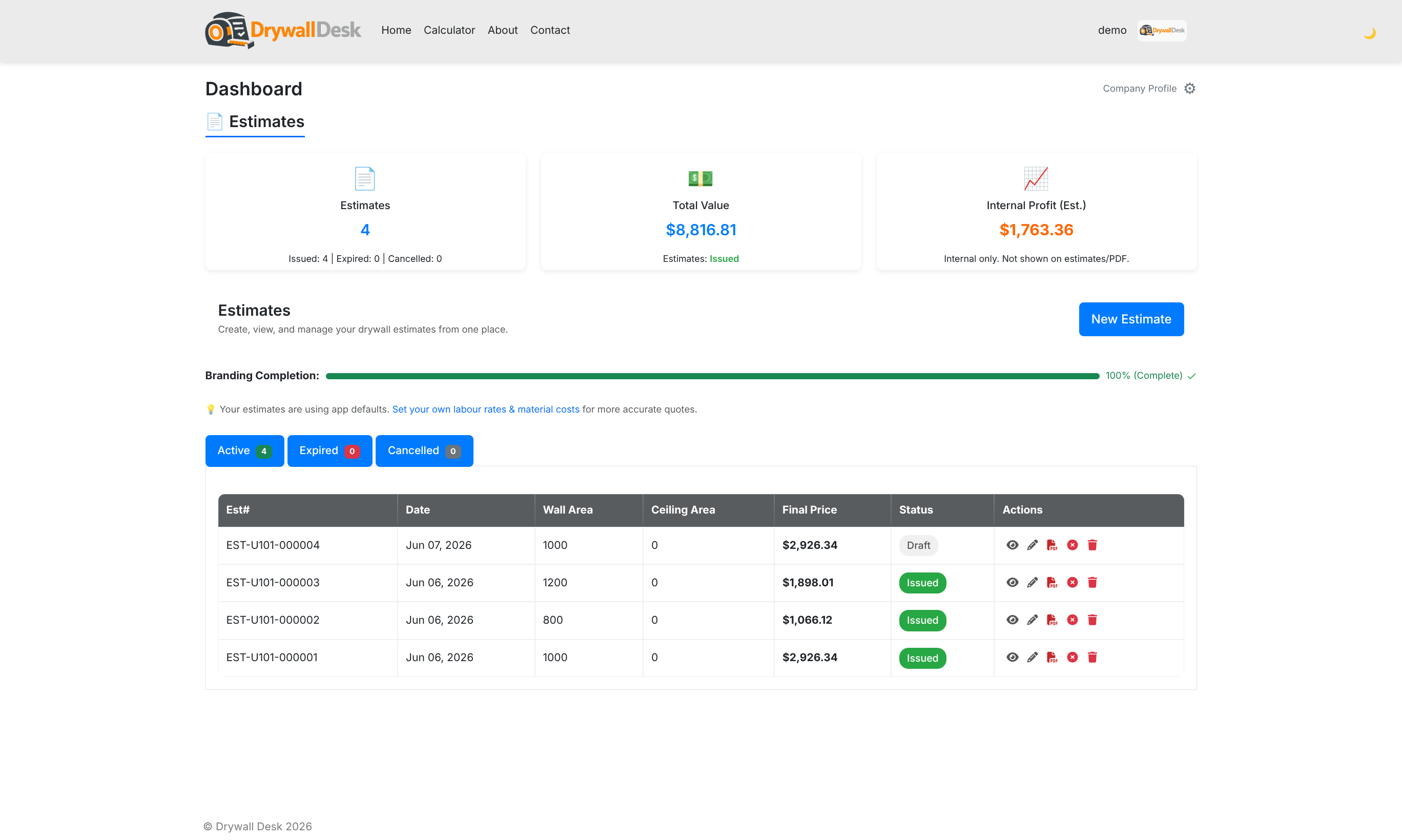 Dashboard with estimate activity and status overview