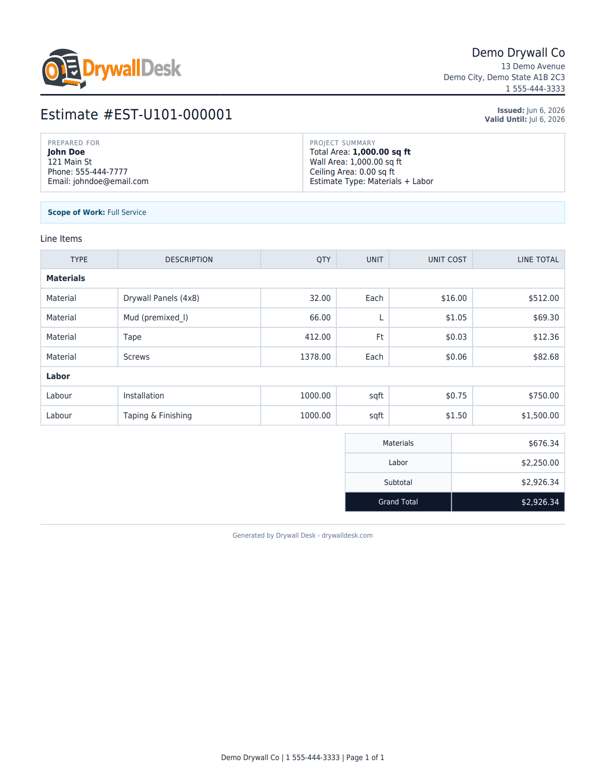 Full service estimate PDF output