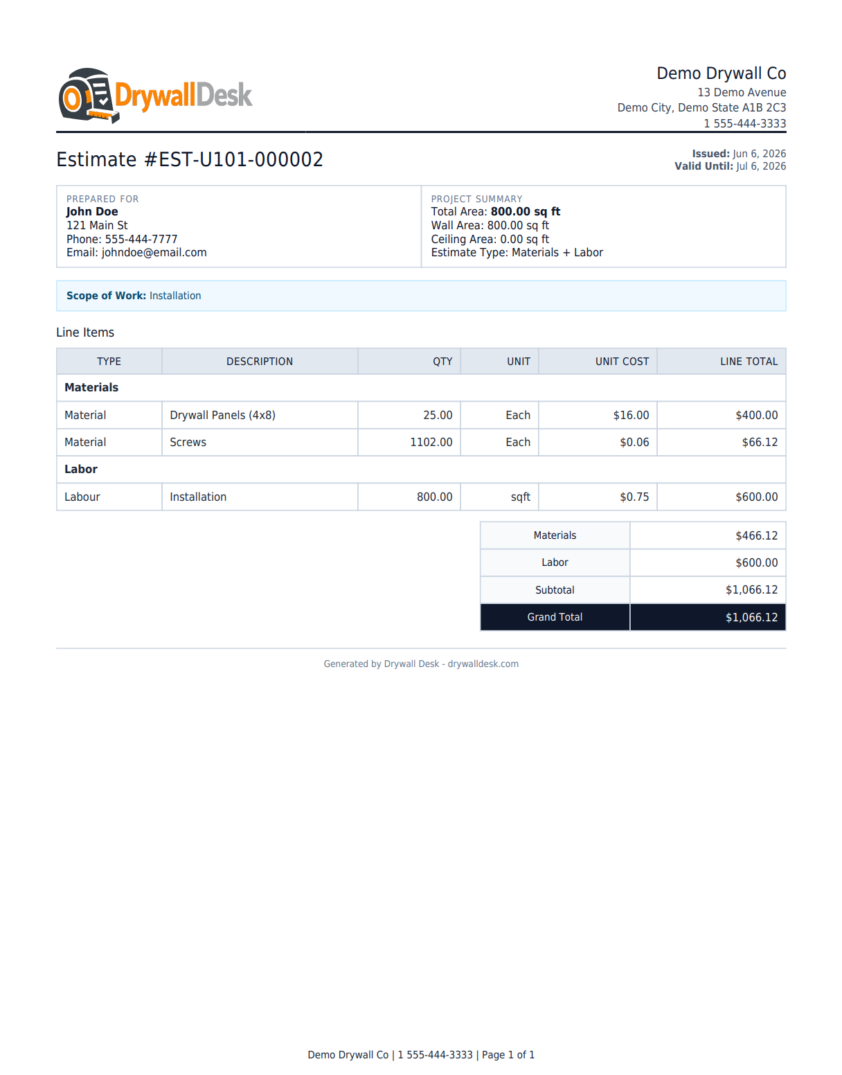Installation-only estimate PDF output