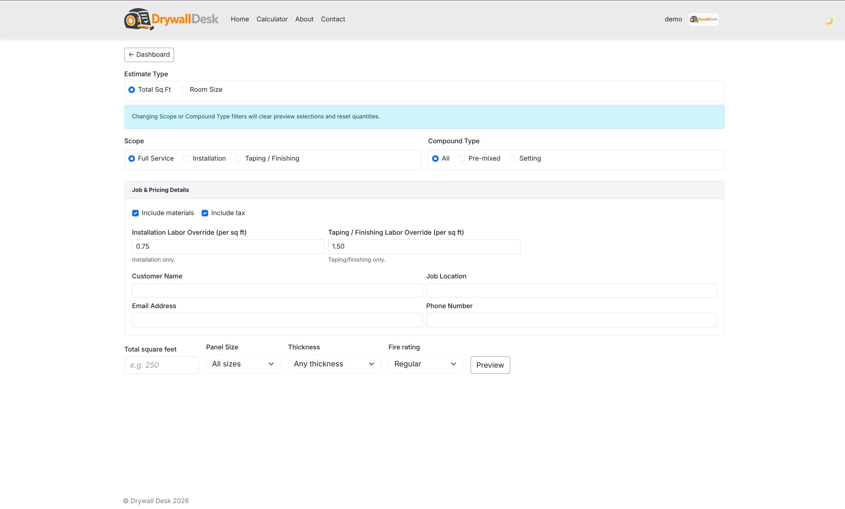Create estimate form with scope and pricing inputs