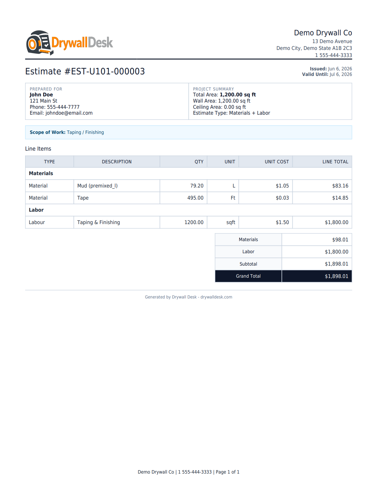 Taping and finishing estimate PDF output